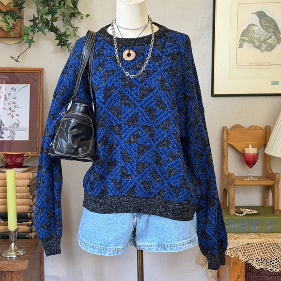 Tapas Other - Vintage Bright Geometric Diamond Knit Sweater Blue Grey XL Made in USA Crewneck